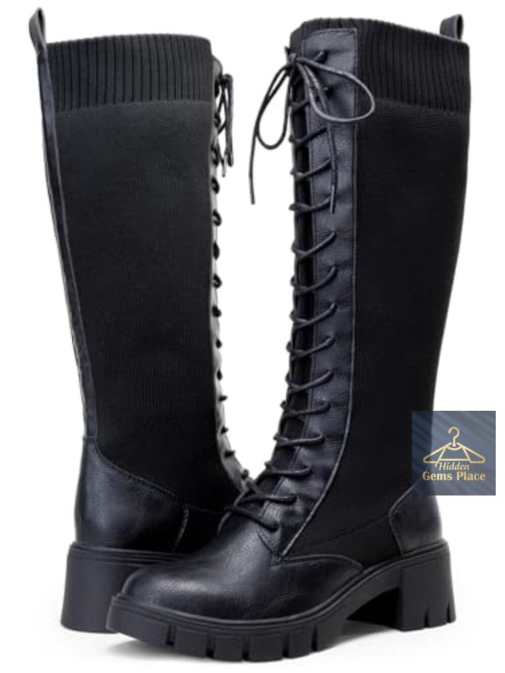 Lace Up Platform Chunky Heel Knee High Combat Boots